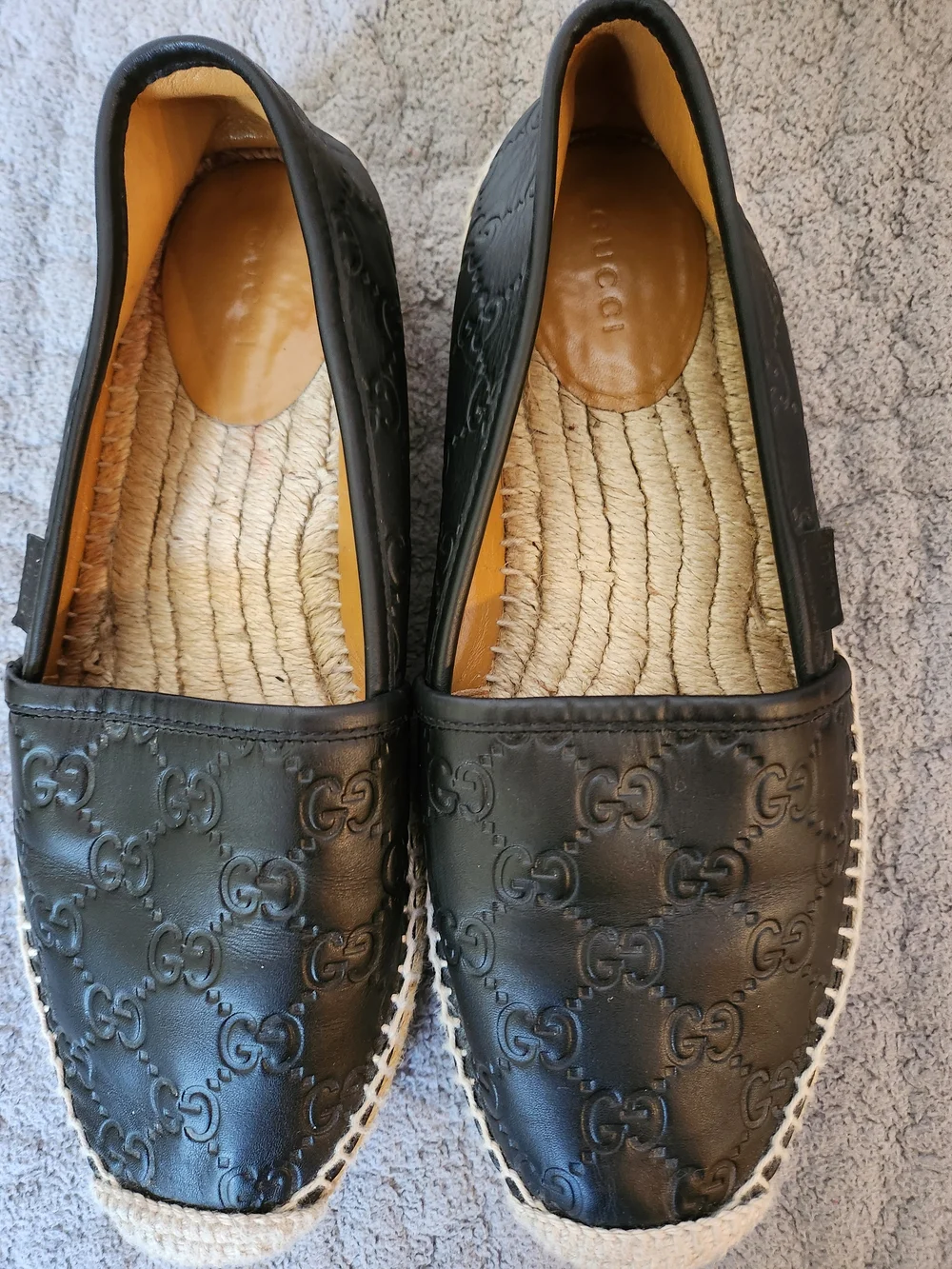 Gicci Leather Embroidered Monogram Black Espadrille Flats